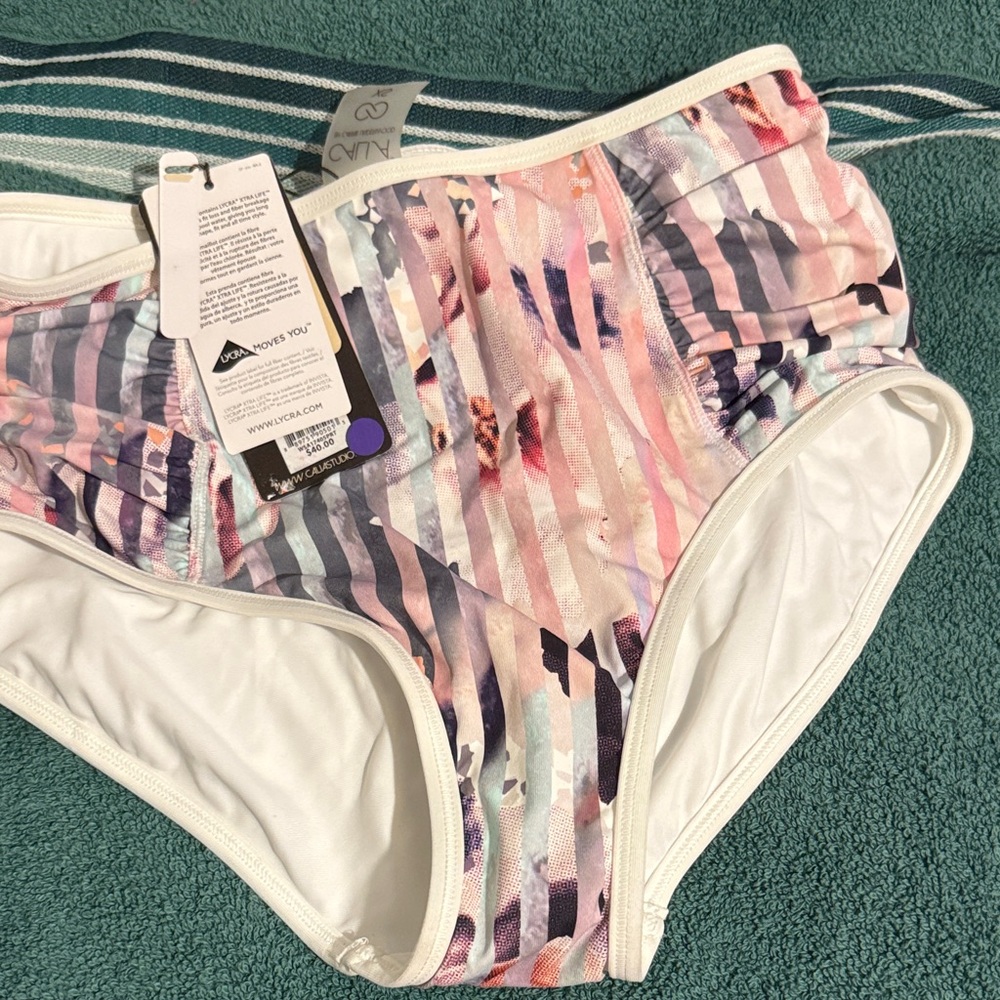 N/A Women's Striped Bikini Bottom - Pink,Grey Light Blue and White